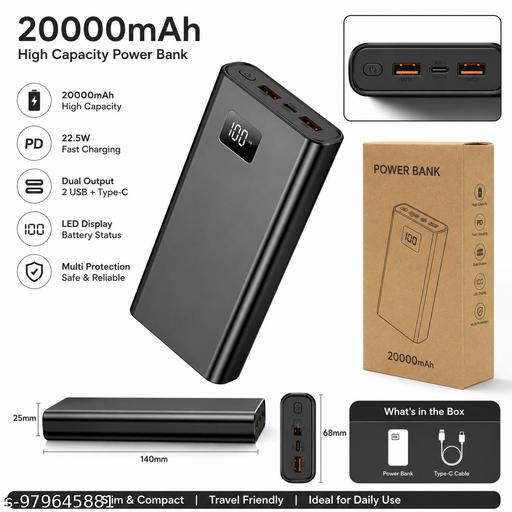 SAMRAYA 20000mAh Fast Charging Power Bank with LED Display, Dual USB Output & Type-C Input (22.5W PD) - Velora online store 