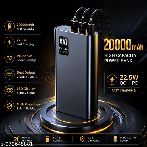 SAMRAYA 20000mAh Fast Charging Power Bank with LED Display, Dual USB Output & Type-C Input (22.5W PD) - Velora online store 