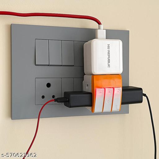 3 Pin Multi Plug Adapter with Individual Switches – Universal Socket, Heavy Duty Extension Cube for Home, Office, Travel, Modular Kitchen (Orange White) - Velora online store 