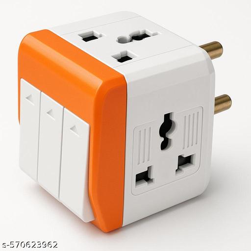3 Pin Multi Plug Adapter with Individual Switches – Universal Socket, Heavy Duty Extension Cube for Home, Office, Travel, Modular Kitchen (Orange White) - Velora online store 