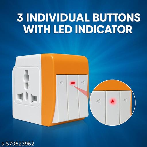 3 Pin Multi Plug Adapter with Individual Switches – Universal Socket, Heavy Duty Extension Cube for Home, Office, Travel, Modular Kitchen (Orange White) - Velora online store 