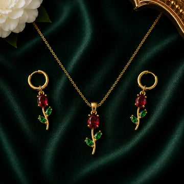 Ruby Red Crystal Necklace Set – Floral Pendant Earrings for Women - Velora online store 