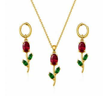 Ruby Red Crystal Necklace Set – Floral Pendant Earrings for Women - Velora online store 