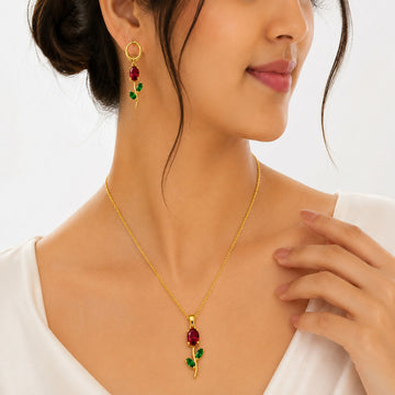 Ruby Red Crystal Necklace Set – Floral Pendant Earrings for Women - Velora online store 