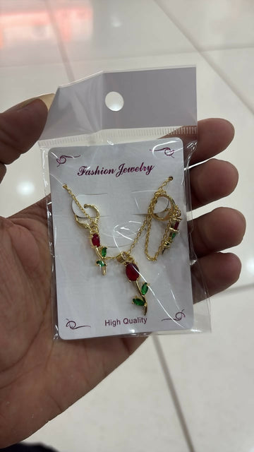 Ruby Red Crystal Necklace Set – Floral Pendant Earrings for Women - Velora online store 