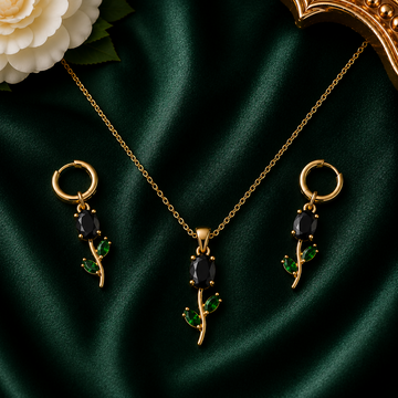 Green Stone Necklace Set – Floral Pendant with Matching Earrings - Velora online store 