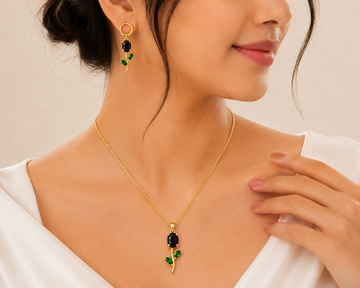 Green Stone Necklace Set – Floral Pendant with Matching Earrings - Velora online store 