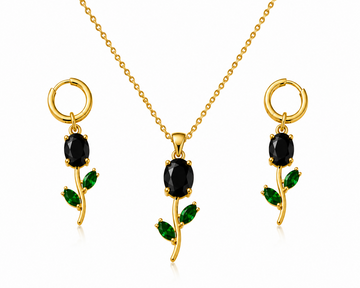 Green Stone Necklace Set – Floral Pendant with Matching Earrings - Velora online store 