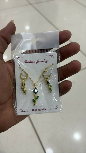 Green Stone Necklace Set – Floral Pendant with Matching Earrings - Velora online store 