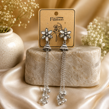 Oxidised Silver Jhumka Earrings – Floral Long Chain Design - Velora online store 