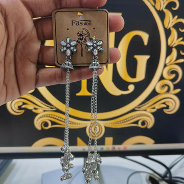 Oxidised Silver Jhumka Earrings – Floral Long Chain Design - Velora online store 
