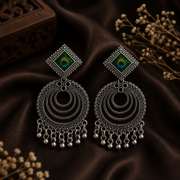 Oxidised Chandbali Earrings – Peacock Feather Jhumka Design - Velora online store 