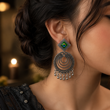 Oxidised Chandbali Earrings – Peacock Feather Jhumka Design - Velora online store 