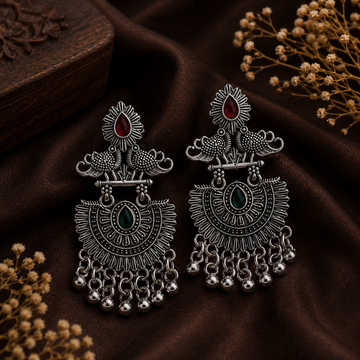Oxidised Jhumka Earrings Peacock Dual Stone Statement for Women - Velora online store 
