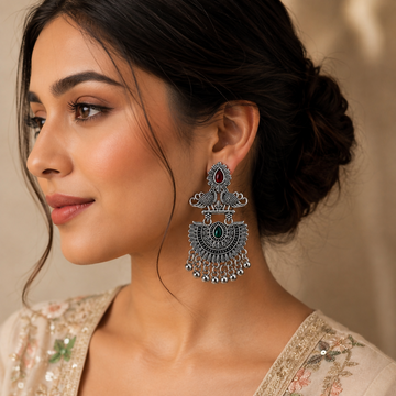 Oxidised Jhumka Earrings Peacock Dual Stone Statement for Women - Velora online store 