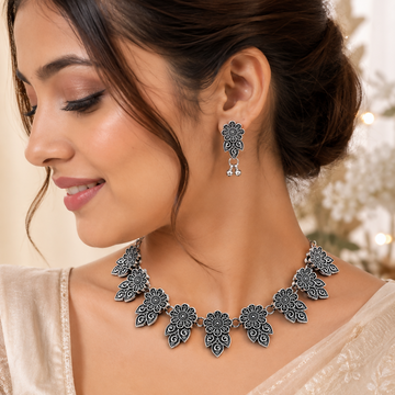 Oxidised Silver Floral Necklace Set for Women | Traditional Flower Design Choker with Matching Earrings - Velora online store 