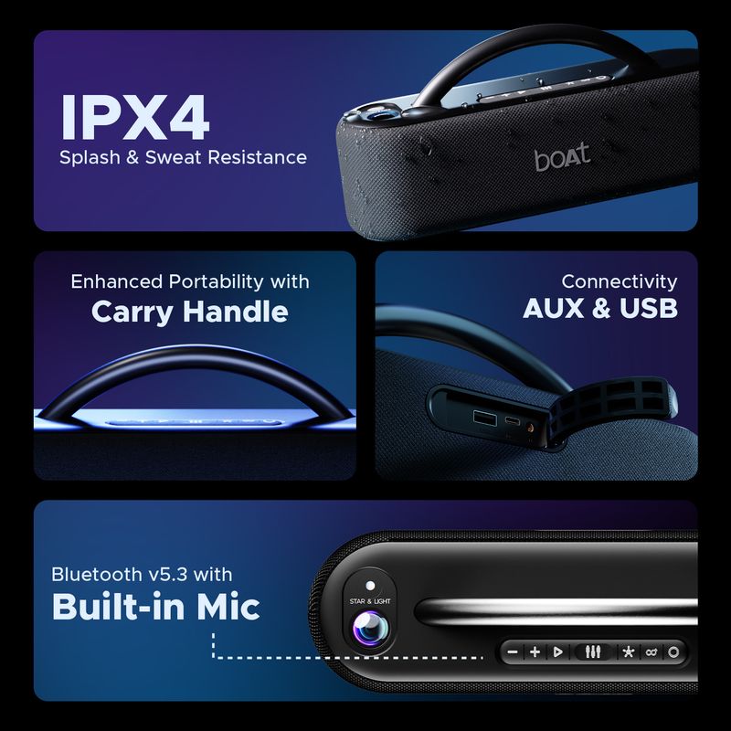 Boat stone lumos w/ led projection, 9hrs playback,hearables app support,dual eq modes 60 w bluetooth party speaker - Velora online store 