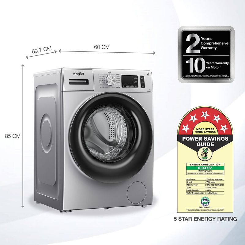 Whirlpool 7 kg 5 star inverter 100+ tough stains, steam technology fully automatic front load washing machine with in-built heater silver - Velora online store 