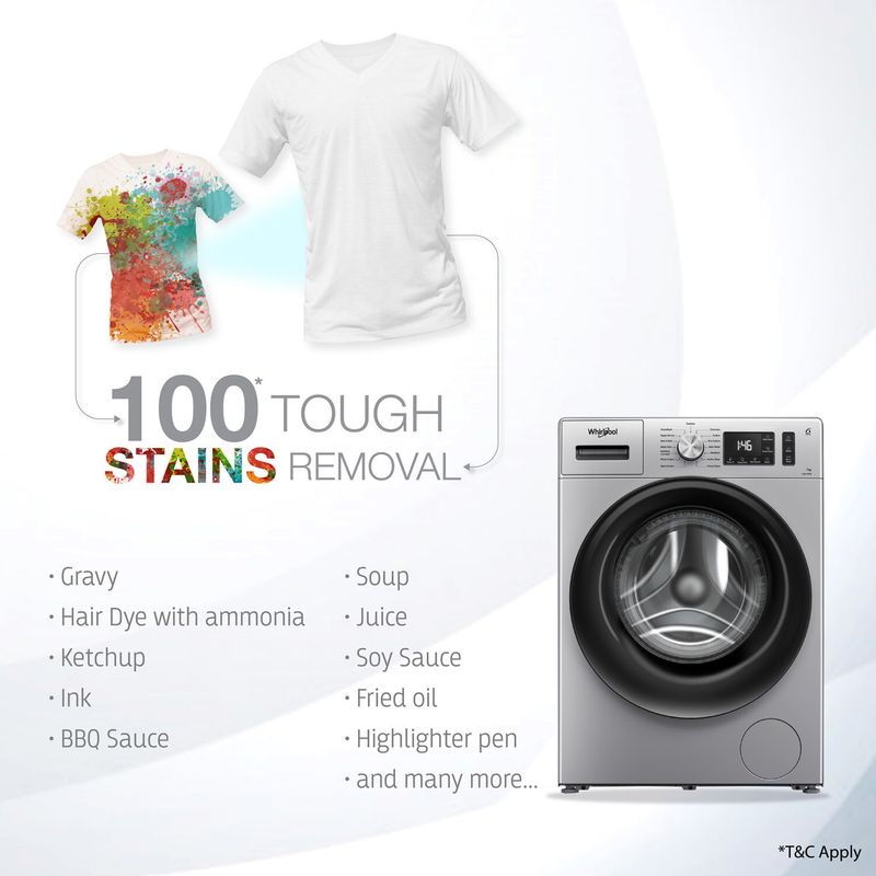 Whirlpool 7 kg 5 star inverter 100+ tough stains, steam technology fully automatic front load washing machine with in-built heater silver - Velora online store 