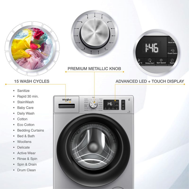 Whirlpool 7 kg 5 star inverter 100+ tough stains, steam technology fully automatic front load washing machine with in-built heater silver - Velora online store 