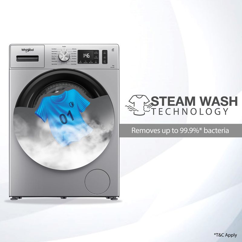 Whirlpool 7 kg 5 star inverter 100+ tough stains, steam technology fully automatic front load washing machine with in-built heater silver - Velora online store 