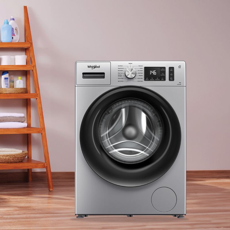 Whirlpool 7 kg 5 star inverter 100+ tough stains, steam technology fully automatic front load washing machine with in-built heater silver - Velora online store 