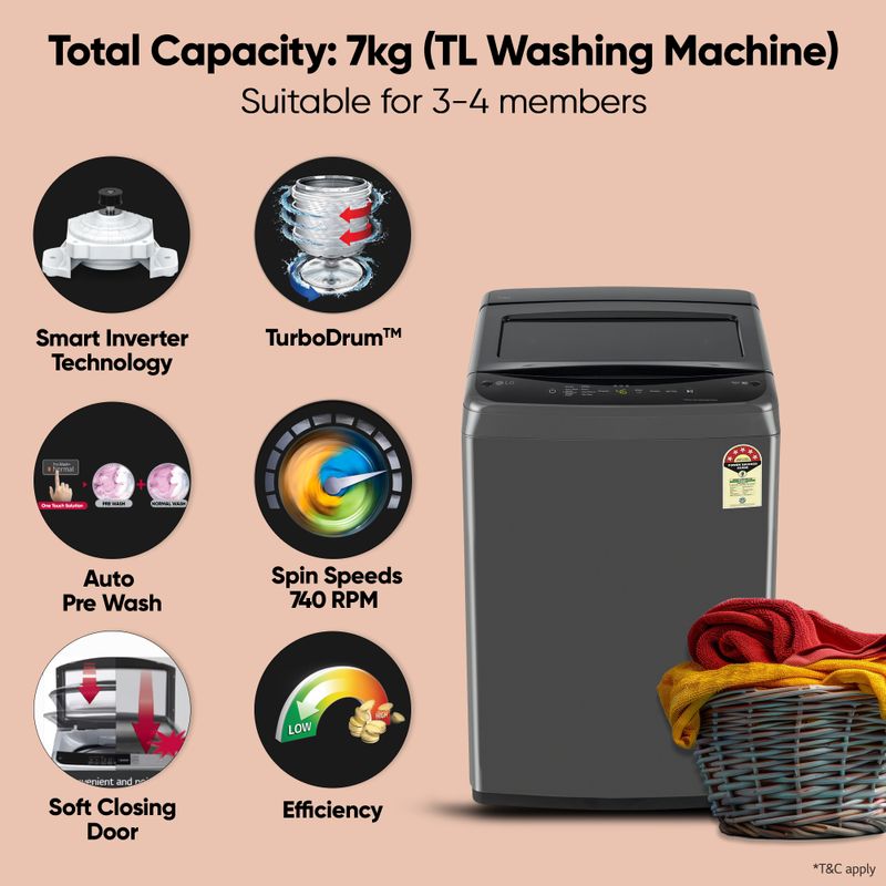 Lg 7 kg 5 star, smart inverter technology, turbodrum, smart diagnosis with soft closing door fully automatic top load washing machine black - Velora online store 