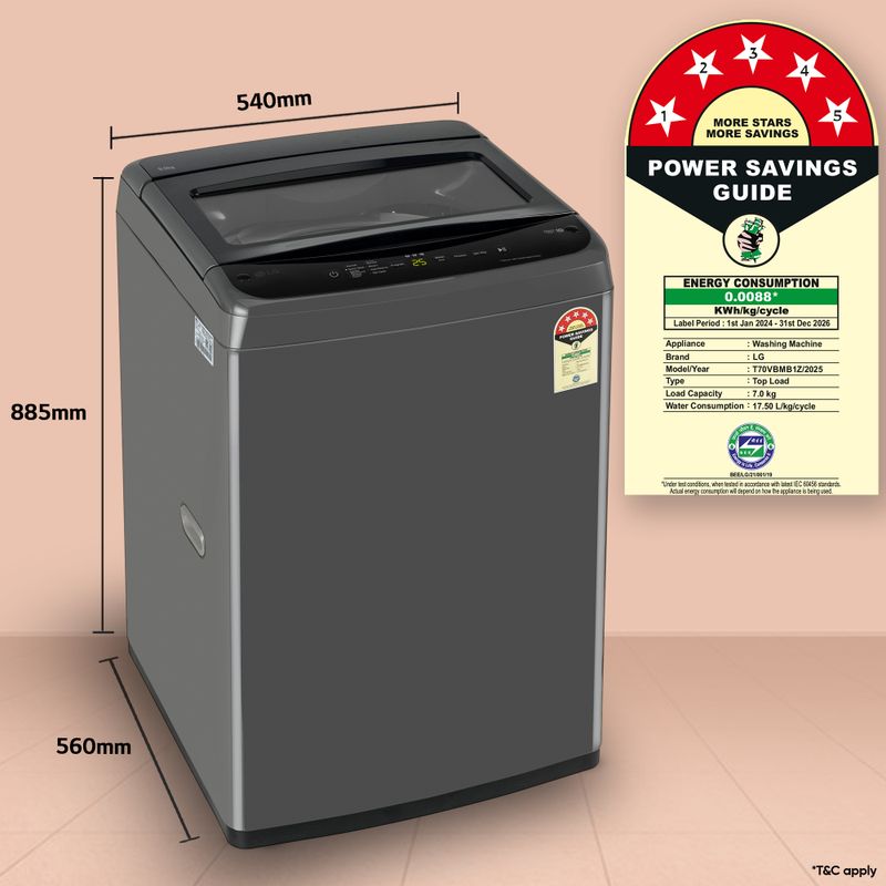 Lg 7 kg 5 star, smart inverter technology, turbodrum, smart diagnosis with soft closing door fully automatic top load washing machine black - Velora online store 