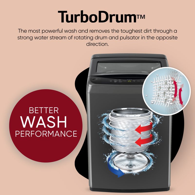 Lg 7 kg 5 star, smart inverter technology, turbodrum, smart diagnosis with soft closing door fully automatic top load washing machine black - Velora online store 