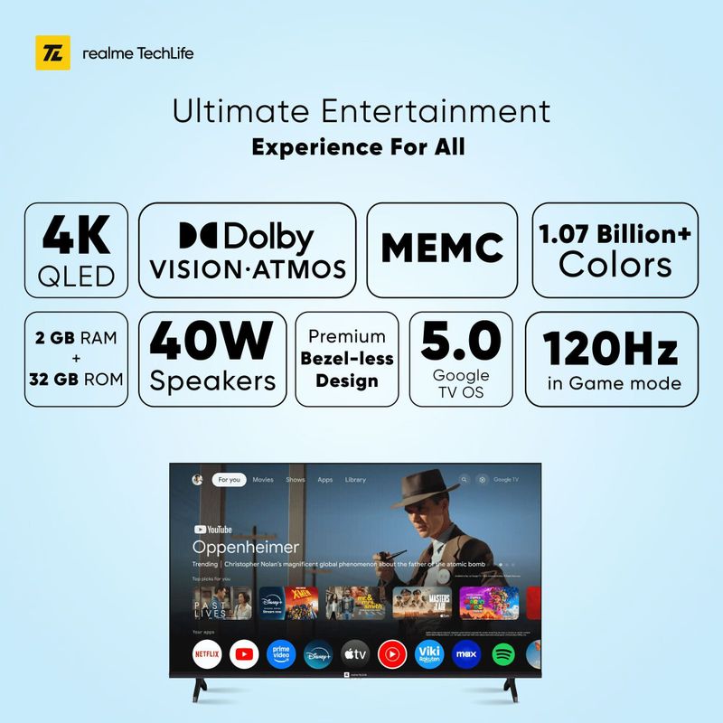 Realme techlife 109 cm (43 inch) qled ultra hd (4k) smart google tv with 5.0 with dolby atmos, and 40 w downfiring speaker - Velora online store 