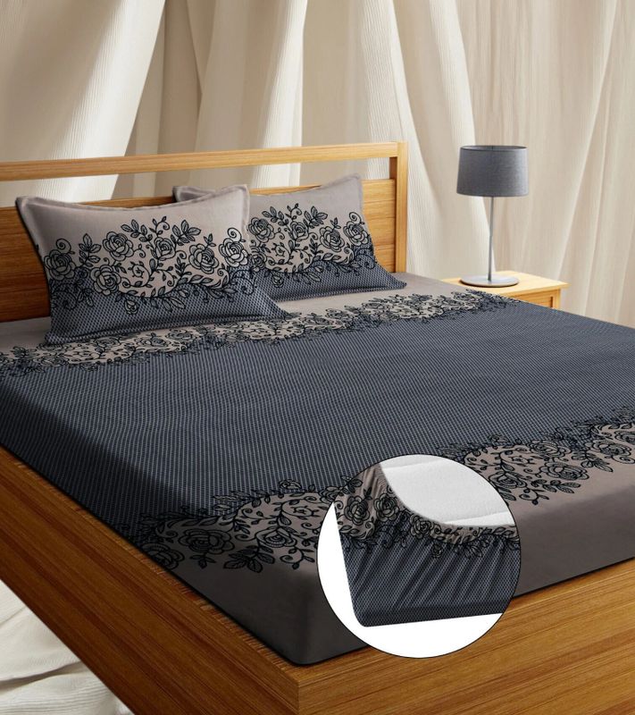 Yknip cotton double, king fitted (elastic) 250 tc floral 3 bedsheets with 2 pillow covers - M Y V E L O R A