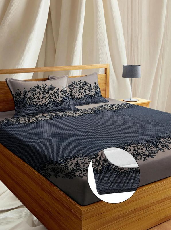 Yknip cotton double, king fitted (elastic) 250 tc floral 3 bedsheets with 2 pillow covers - M Y V E L O R A