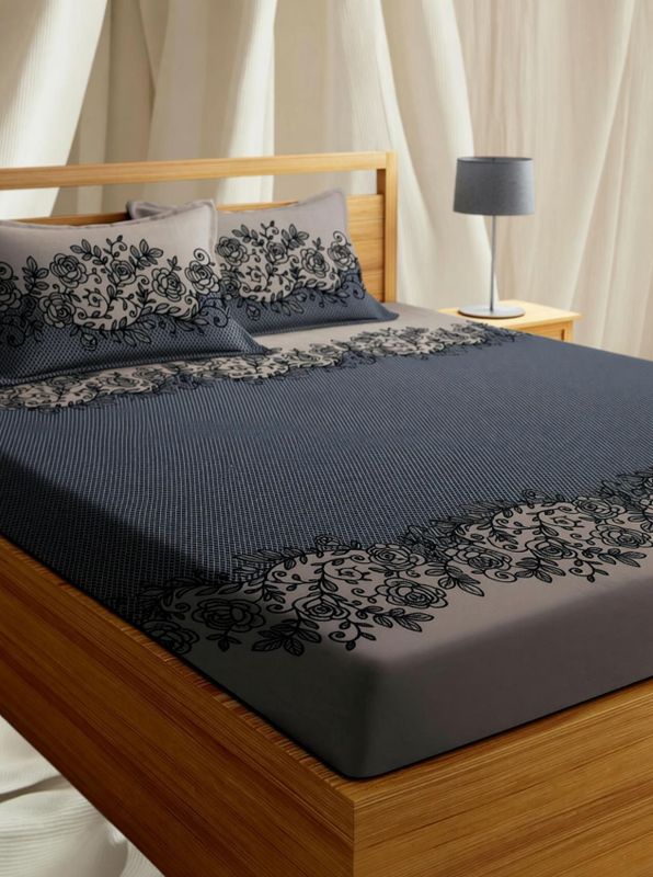 Yknip cotton double, king fitted (elastic) 250 tc floral 3 bedsheets with 2 pillow covers - M Y V E L O R A