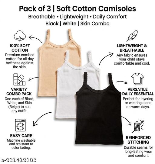 Kids Cotton Camisole Slip Pack of 3 for Girls & Teens | Soft Breathable Cotton Innerwear | Comfortable Daily Wear Inner Tops. | (White Black Skin) - M Y V E L O R A Online store 