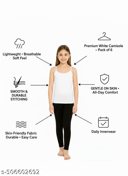 Kids Cotton Camisole Slip | Soft & Breathable Innerwear for Girls | Premium Hosiery Cotton | Comfortable Daily Wear | White Color (Pack of 6) - M Y V E L O R A Online store 