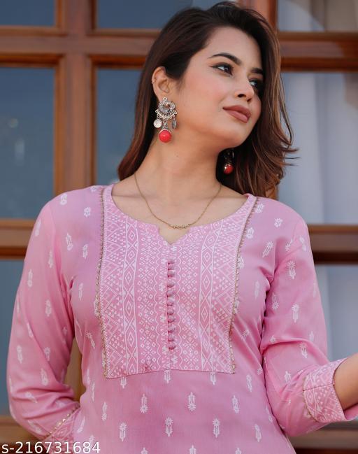 Womens Kurti | Rayon Straight Cut Kurti | Womens Daily Wear and Occassion Wear Kurti | ( Pink ) 