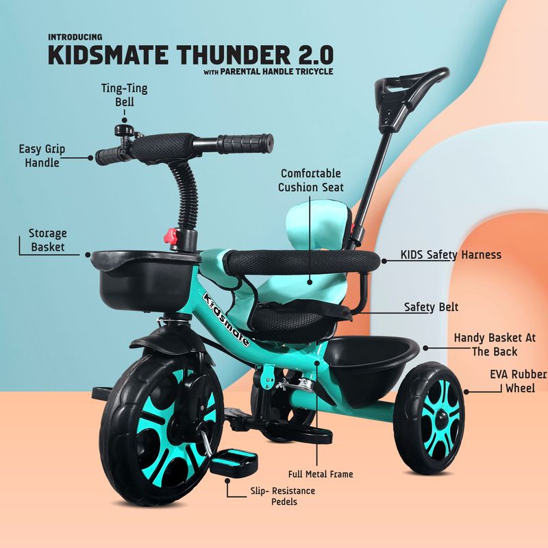 Kidsmate thunder 2.0 plug n play kids tricycle: equipped with safety guard rail, 10 t (inch) road cycle - M Y V E L O R A Online store 