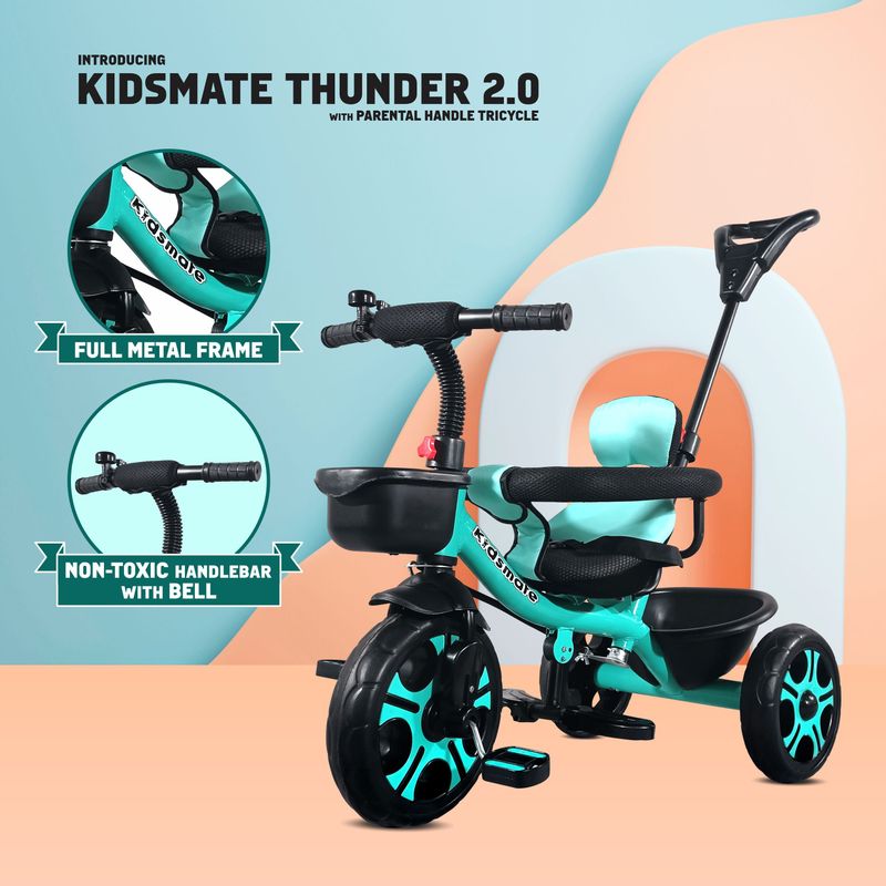 Kidsmate thunder 2.0 plug n play kids tricycle: equipped with safety guard rail, 10 t (inch) road cycle - M Y V E L O R A Online store 