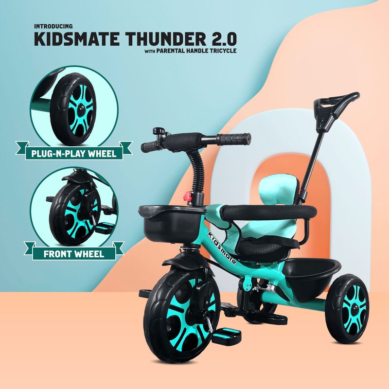 Kidsmate thunder 2.0 plug n play kids tricycle: equipped with safety guard rail, 10 t (inch) road cycle - M Y V E L O R A Online store 
