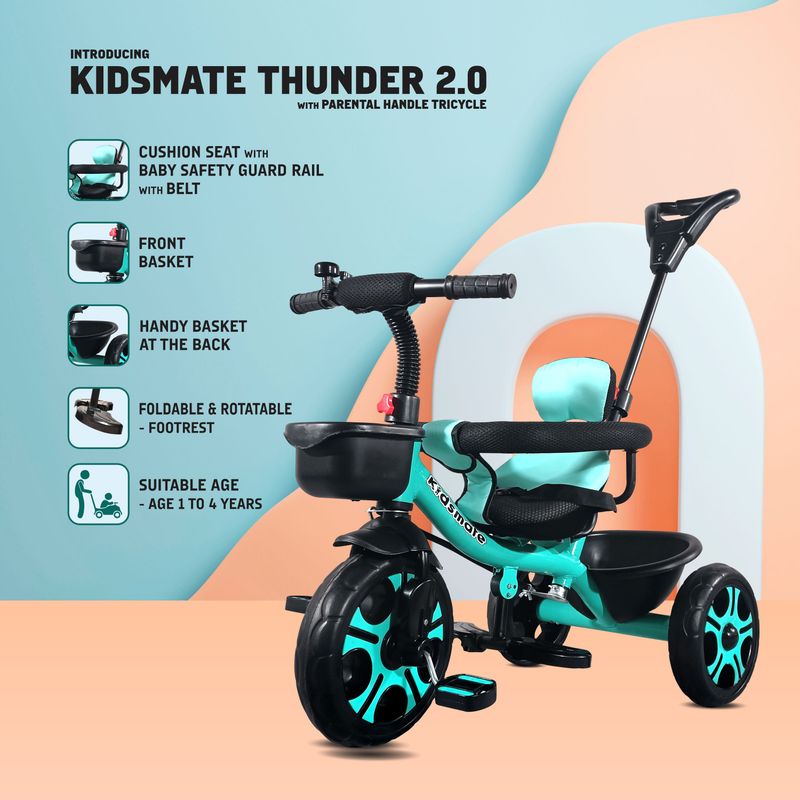 Kidsmate thunder 2.0 plug n play kids tricycle: equipped with safety guard rail, 10 t (inch) road cycle - M Y V E L O R A Online store 