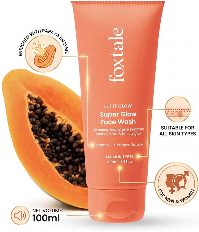 Foxtale vitamin c super glow with papaya enzyme, reduces tan, boosts glow  men & women all skin types face wash - M Y V E L O R A