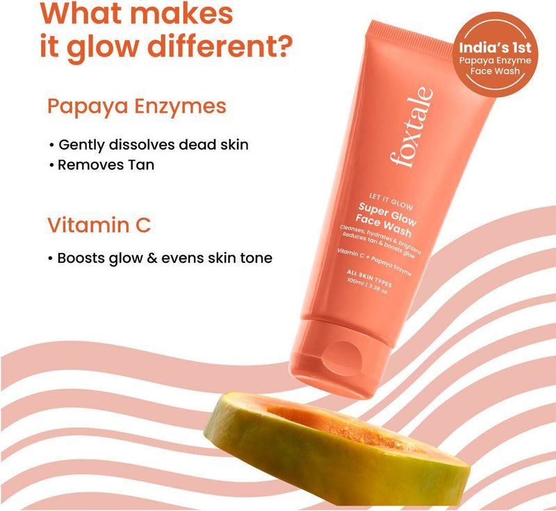 Foxtale vitamin c super glow with papaya enzyme, reduces tan, boosts glow  men & women all skin types face wash - M Y V E L O R A