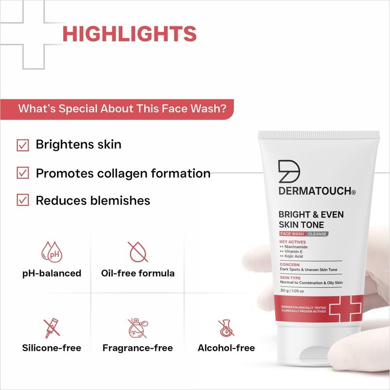Dermatouch bright & even tone  with niacinamide, vitamin e and kojic acid men & women all skin types face wash - M Y V E L O R A