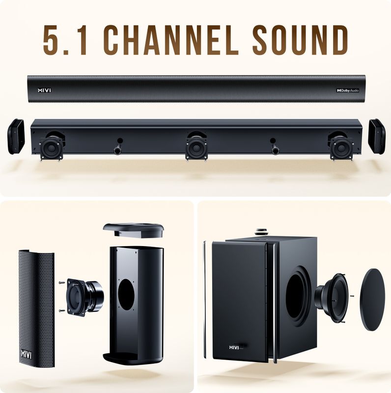 Mivi fort h750 soundbar, 750 watts, dolby audio, 5.1 channel, multi-input & eq modes 750 w bluetooth soundbar - M Y V E L O R A