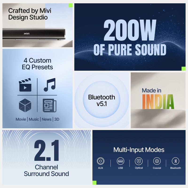 Mivi fort sonic 200 soundbar, 2.1 channel, multi-input and eq modes, bt v5.3 200 w bluetooth soundbar - M Y V E L O R A