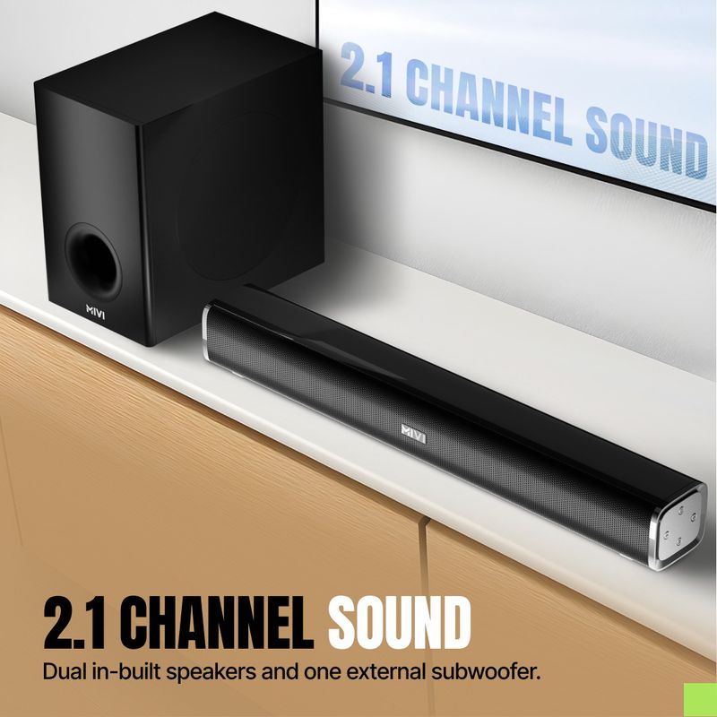Mivi fort sonic 200 soundbar, 2.1 channel, multi-input and eq modes, bt v5.3 200 w bluetooth soundbar - M Y V E L O R A