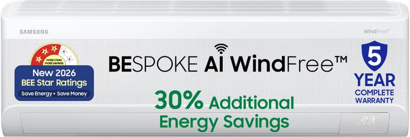 Samsung bespoke ai 2026 model 1.5 ton 3 star split windfree inverter with wi-fi energy saving, voice control, powerful cooling, copper, 4 way swing, 5 step convertible ac - M Y V E L O R A