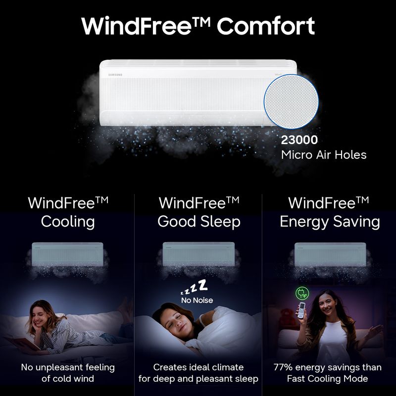 Samsung bespoke ai 2026 model 1.5 ton 3 star split windfree inverter with wi-fi energy saving, voice control, powerful cooling, copper, 4 way swing, 5 step convertible ac - M Y V E L O R A