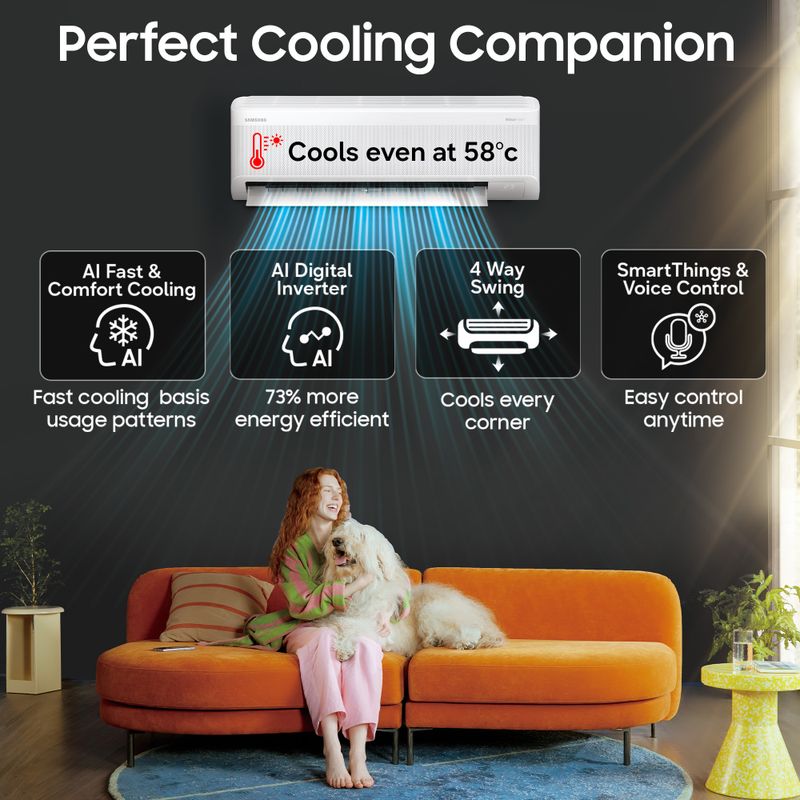 Samsung bespoke ai 2026 model 1.5 ton 3 star split windfree inverter with wi-fi energy saving, voice control, powerful cooling, copper, 4 way swing, 5 step convertible ac - M Y V E L O R A