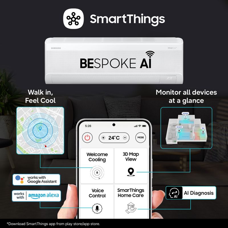 Samsung bespoke ai 2026 model 1.5 ton 3 star split windfree inverter with wi-fi energy saving, voice control, powerful cooling, copper, 4 way swing, 5 step convertible ac - M Y V E L O R A